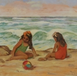  1938 &quot;Bambine sul mare&quot; olio su cartone cm 35x49