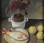 1938, Natura morta con pesce e mele, alio su cartone, cm 45x35