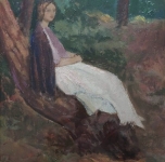 anni '20 &quot;Figura nel bosco&quot; olio su tavoletta cm 36x28